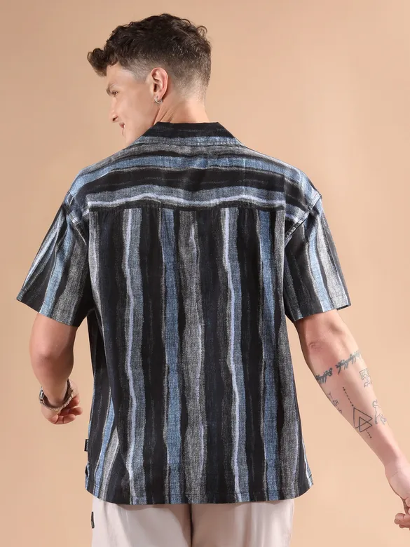 Blue and Black Printed Cuban Shirt